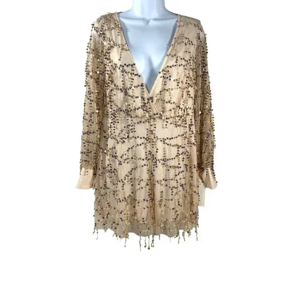 Gold Metallic Flirty Sequined Sheer Mini Romper  Prom Glam Fairy Sexy NWT Sz M - Picture 2 of 16